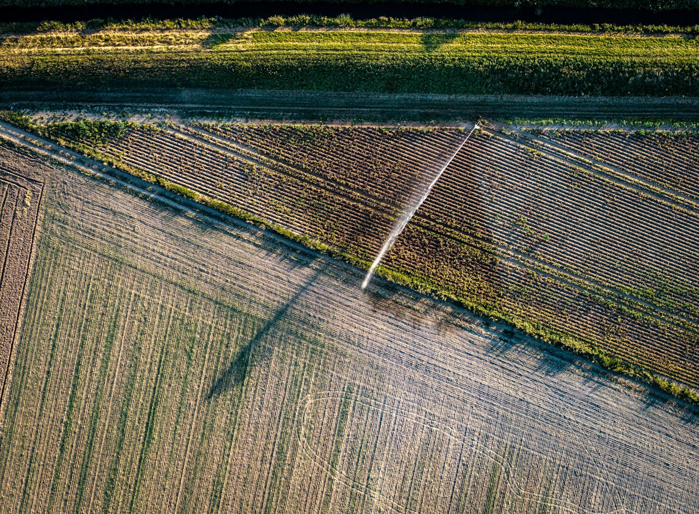 Aerial view of a sprinkler irrigating agricultural fields
